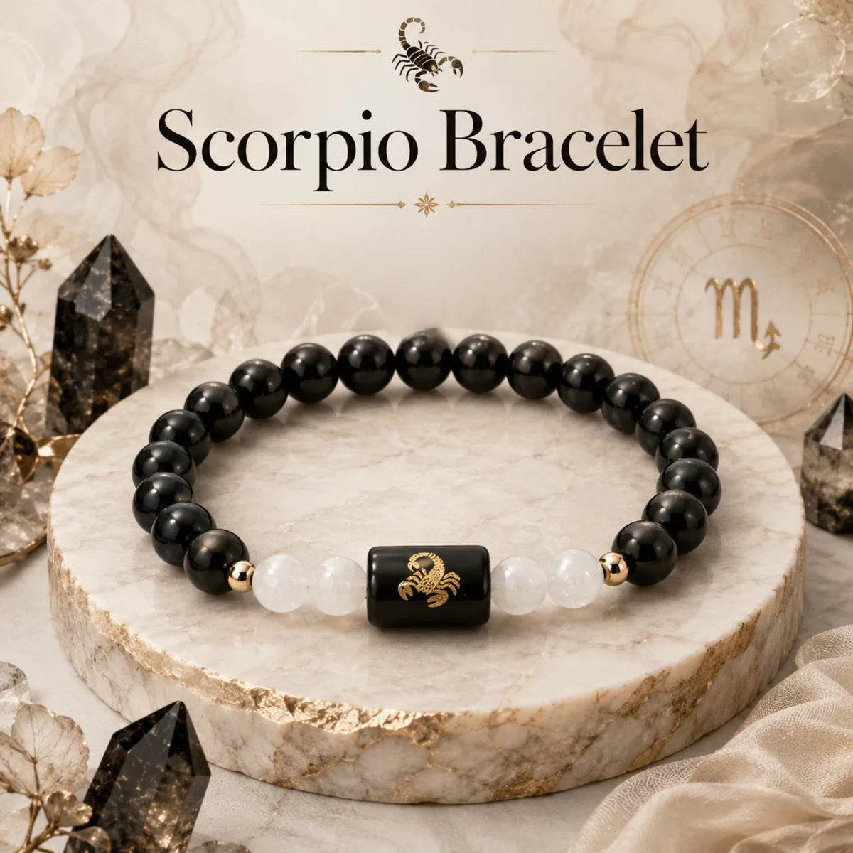 Scorpio Zodiac Black Obsidian & Milky Quartz Bracelet