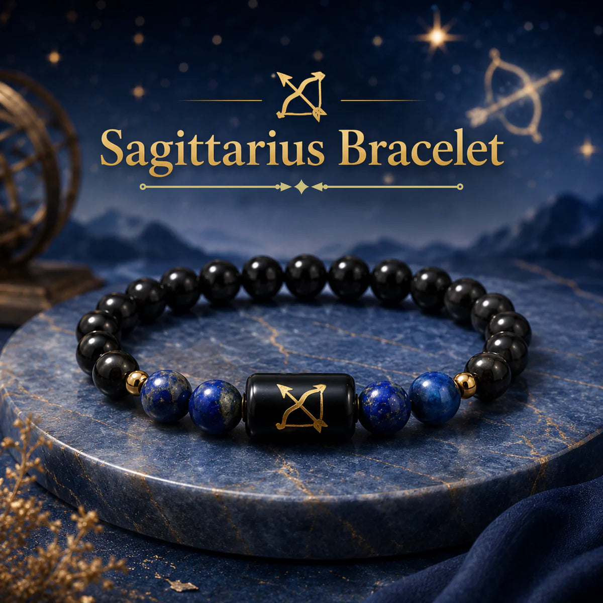Sagittarius (धनु राशि) | Zodiac Black Obsidian | Lapis Lazuli Bracelet