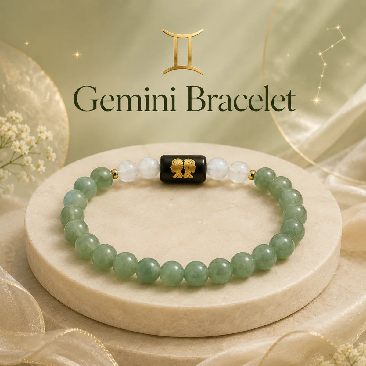 Gemini (मिथुन राशि) | Zodiac Green Aventurine | Milky Quartz Bracelet
