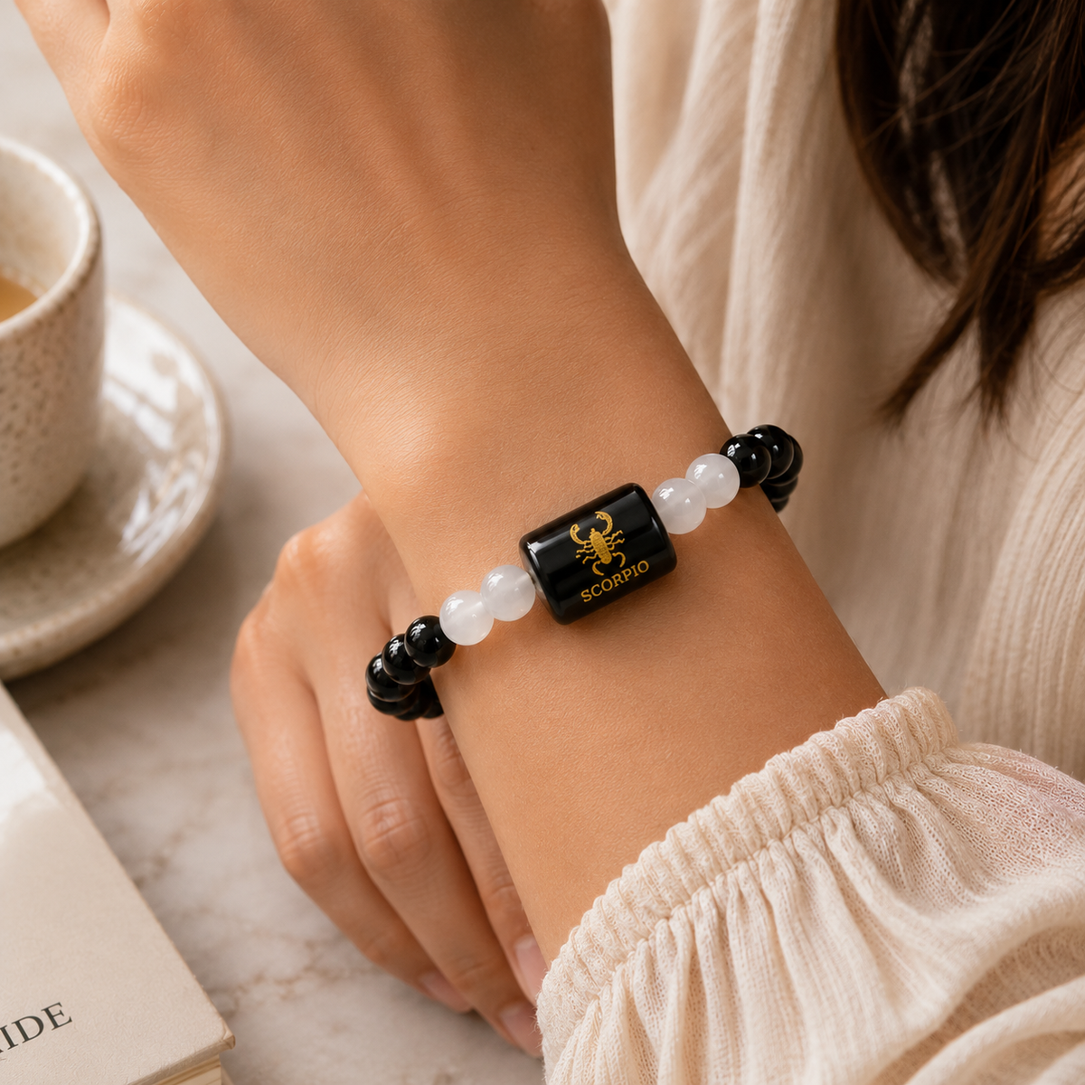 Scorpio Zodiac Black Obsidian & Milky Quartz Bracelet