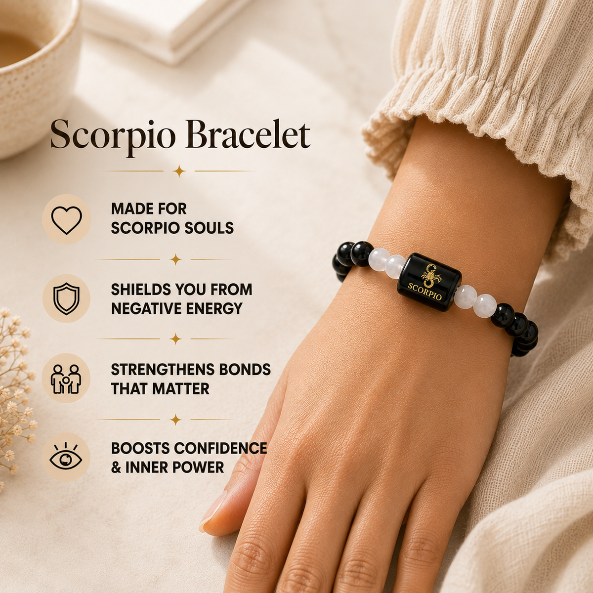 Scorpio Zodiac Black Obsidian & Milky Quartz Bracelet