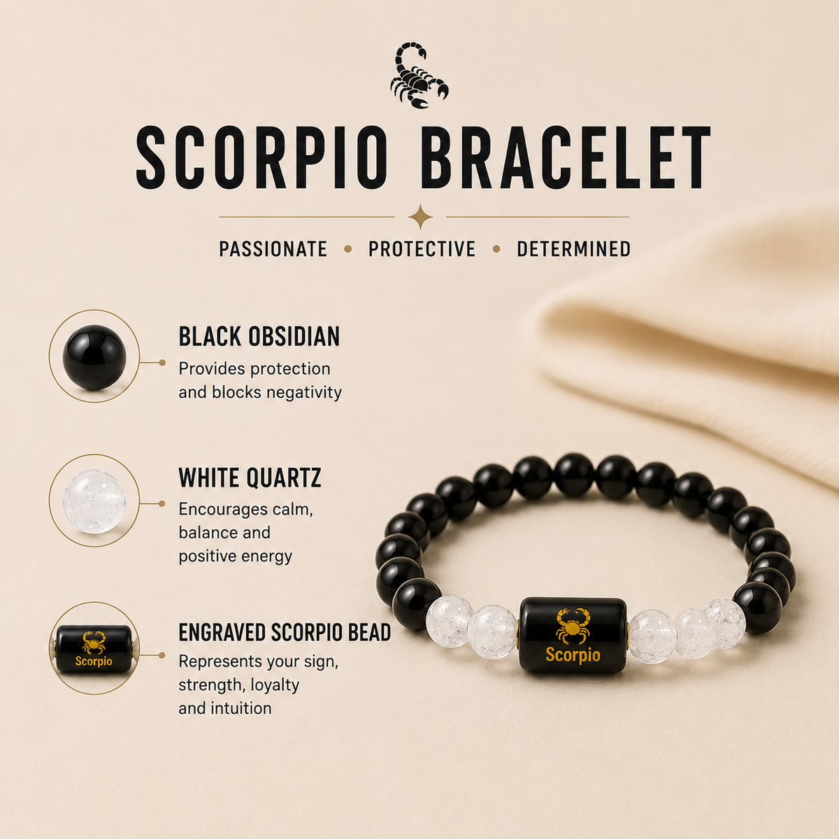 Scorpio Zodiac Black Obsidian & Milky Quartz Bracelet